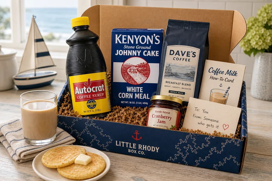 Coffee Milk Breakfast Kit gift box with Autocrat coffee syrup, Kenyon's johnnycake meal, Dave's Coffee, cranberry jam, coffee milk card, and gift note.