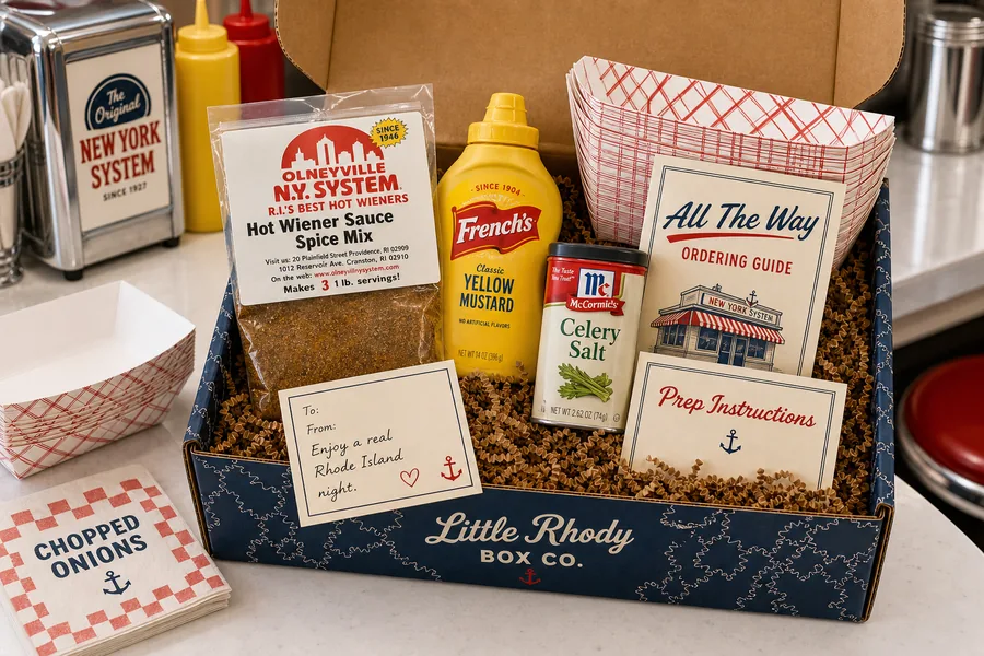 Hot Wiener Night Kit gift box with Olneyville hot wiener sauce mix, French's mustard, McCormick celery salt, paper trays, ordering guide, and prep card.
