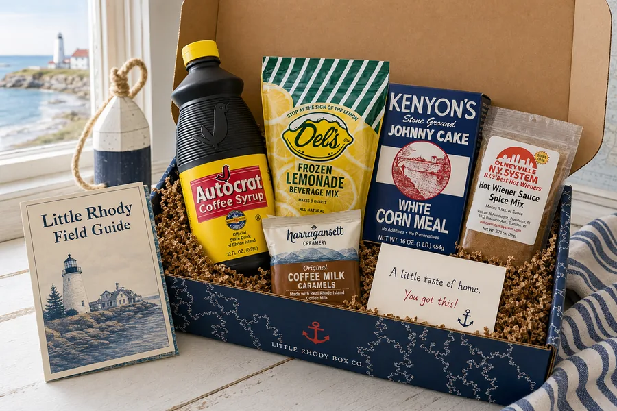 Rhode Island Survival Kit gift box, open, with Autocrat coffee syrup, Del's lemonade mix, Kenyon's johnnycake meal, hot wiener sauce mix, a local snack, field guide, and gift note.